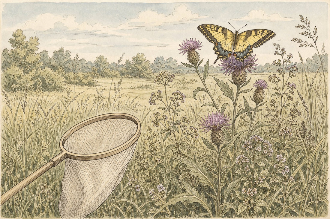 Illustration of a swallowtail butterfly basking on a knapweed flower in a summer meadow, a butterfly net approaching low from the side