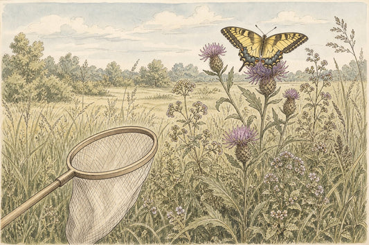 Illustration of a swallowtail butterfly basking on a knapweed flower in a summer meadow, a butterfly net approaching low from the side
